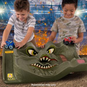 Simplay3 Monster City Extreme Wheels Monster Truck and Car Race Track Table - Red or Green Portable 2 Sided Kids Play Table with 2 Monster Race Trucks - Made in USA