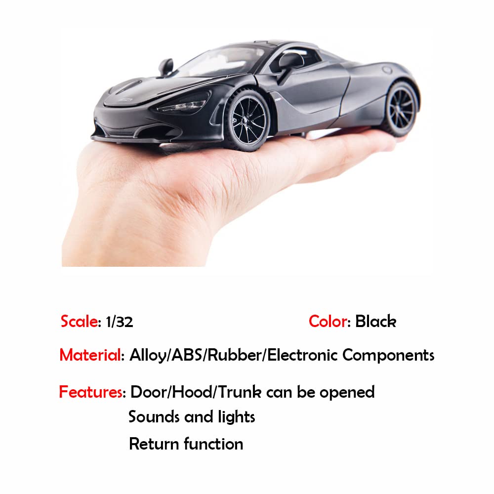 Alloy Collectible Black McLaren 720s Toy Vehicle Pull Back DieCast Car Model with Lights and Sound