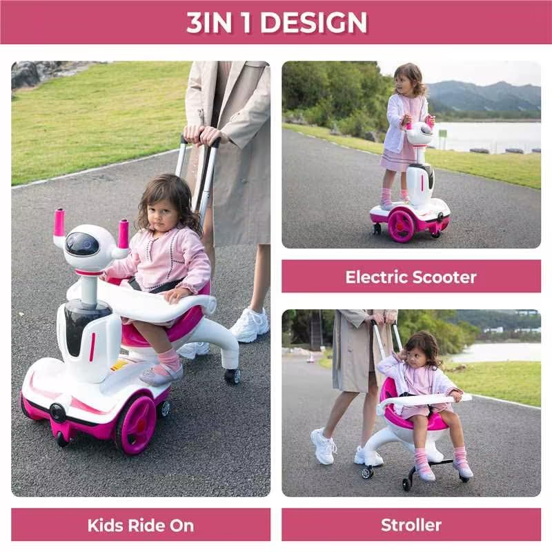 Kids 3-in-1 Electric Robot Buggy, Toddler Electric Ride On Car, Robot Scooter with Remote Control/Speed Adjustment/Emergency Stop, 3 Functions of Electric Car/Robot Scooter/Push Buggy-Pink White