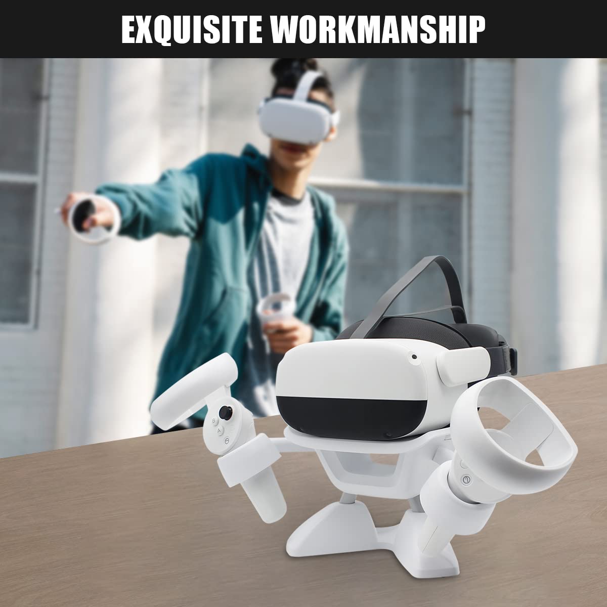 Dollox VR Stand, VR Headset Stand VR Display Holder Storage Virtual Reality Headset Desktop Display Stand for Oculus Quest 2, Quest, Rift, Rift S, Valve Index Headsets & Touch Controllers(White)