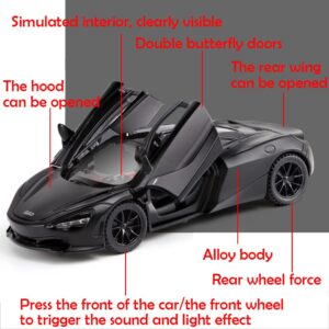 Alloy Collectible Black McLaren 720s Toy Vehicle Pull Back DieCast Car Model with Lights and Sound