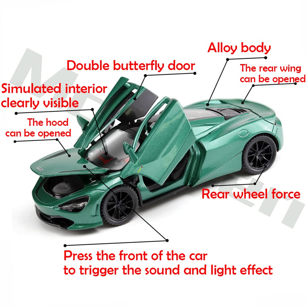 Alloy Collectible Green McLaren 720s Toy Car Model Pull Back DieCast Vehicle with Lights and Sound