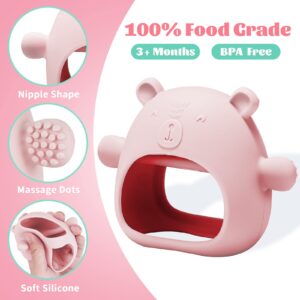 NiBaby Silicone Baby Mitten Teething Chew Toy for Babies 3-6 Months 6-12 Months, Anti-Drop Teether Glove BPA-Free for Girls and Boys Sucking Biting Needs Soothing Gums Pain Relief (Pink)