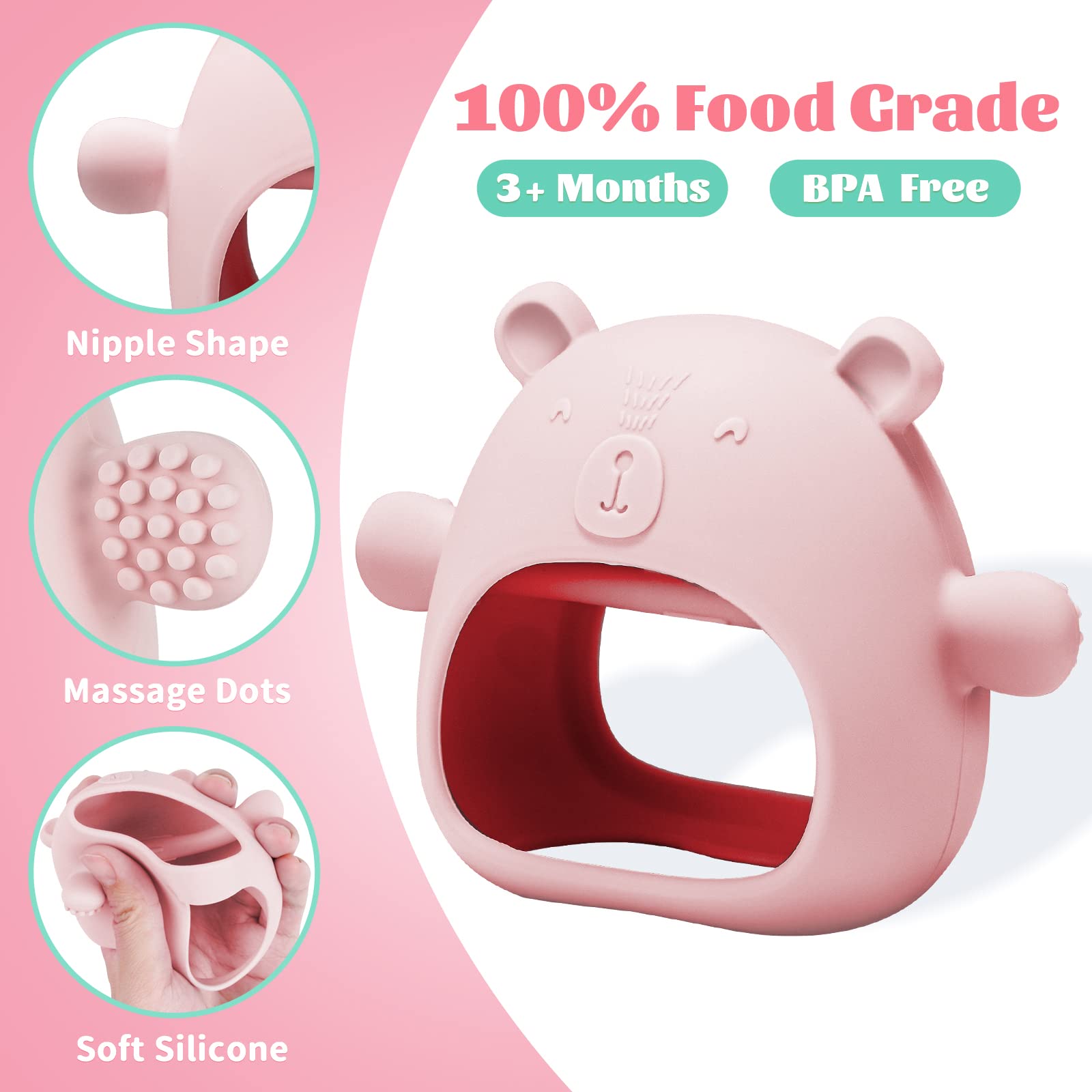 NiBaby Silicone Baby Mitten Teething Chew Toy for Babies 3-6 Months 6-12 Months, Anti-Drop Teether Glove BPA-Free for Girls and Boys Sucking Biting Needs Soothing Gums Pain Relief (Pink)