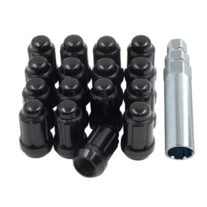 Wheel Accessories Parts Set of ATV/UTV 16 Black 12x1.5 Lug Nuts 1.38" Long for Car Small Diameter Bulge Acorn Spline Lug Nuts Cone Seat Locking with Key (M12 x 1.5, Black)