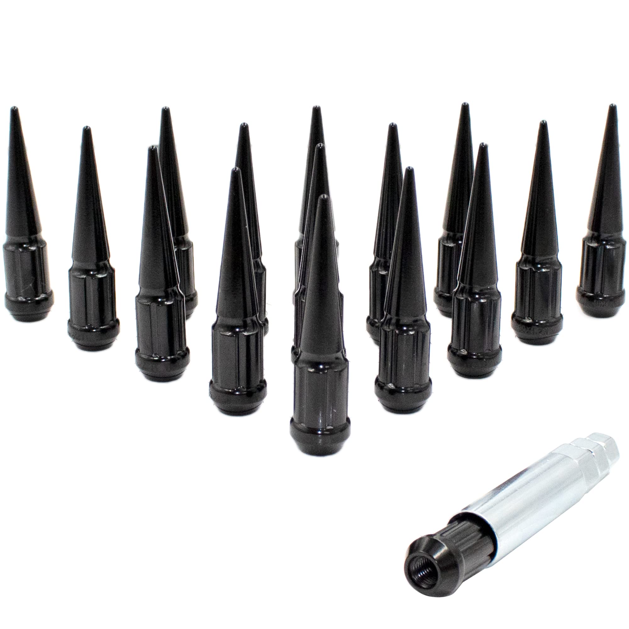 Wheel Accessories Parts Set of 16 ATV/UTV Black Spike Installation Lug Nut Kit | Solid Metal Lug Nuts 12 X 1.5 Thread 3.35" Tall Closed End Bulge Acorn Spiked Lug Nut 1 Long Socket Key (M12x1.50)