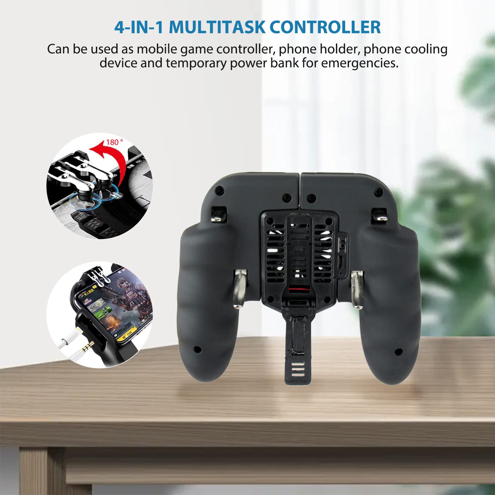 Gxcdizx 4 Trigger Mobile Game Controller with Cooling Fan & Adjustable Stand [6 Finger Mode], L1R1 L2R2 Phone Controller for 4.7-6.5 inch iOS & Android Phone