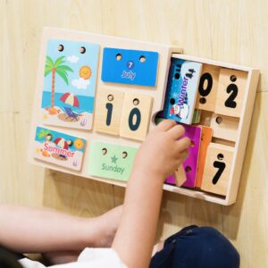 EXPLORATOY Wooden Learning Calendar for Toddlers, Season Month Days, Easy to Store Montessori Calendar Daily Schedule Plan Educational Toy Gift for Preschoolers