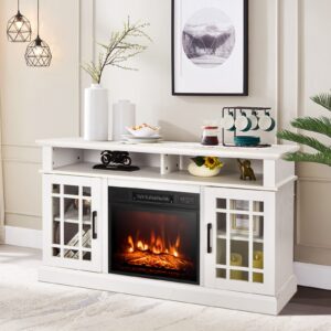 Tangkula Electric Fireplace TV Stand for TVs Up to 50 Inch, Fireplace Entertainment Center with Two Side Cabinets & Adjustable Shelves, Electric Heater with Overheat Protection, Remote Control (White)