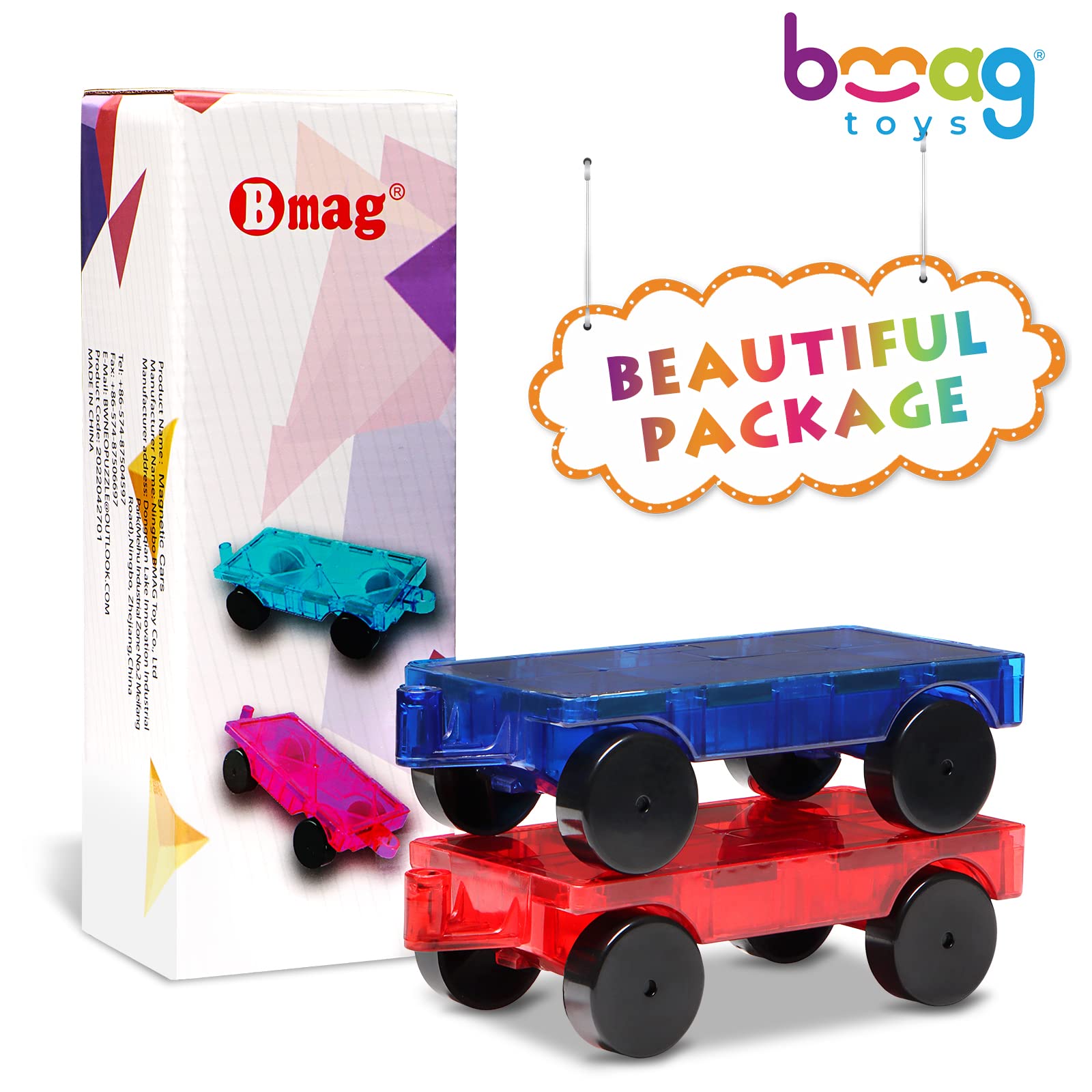 Bmag 2PCS Magnetic Car Set,Construction Vehicle Building Tiles,Magnet Toys Compatible with Magnetic Tiles,STEM Educational Toys for Boys and Girls