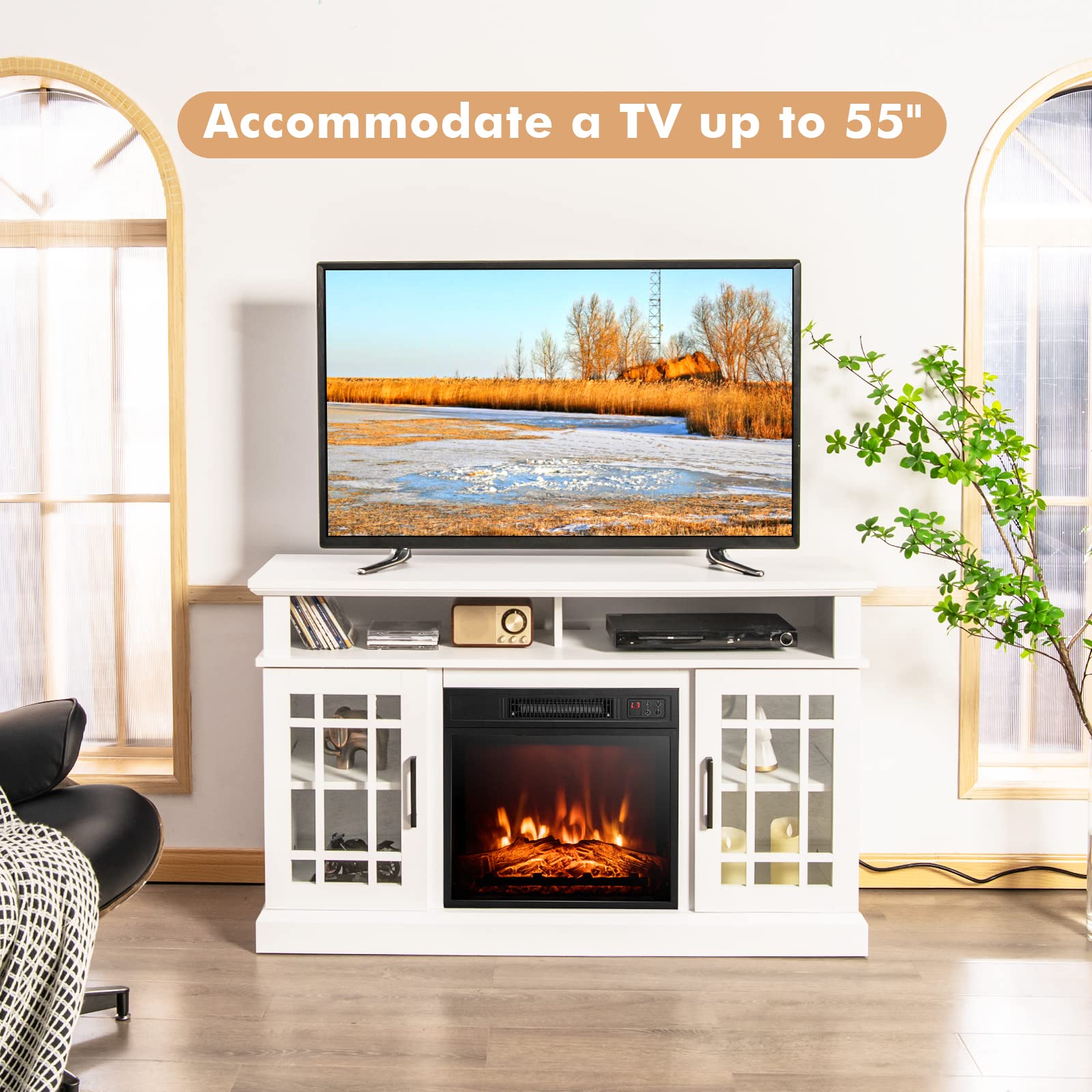 Tangkula Electric Fireplace TV Stand for TVs Up to 50 Inch, Fireplace Entertainment Center with Two Side Cabinets & Adjustable Shelves, Electric Heater with Overheat Protection, Remote Control (White)