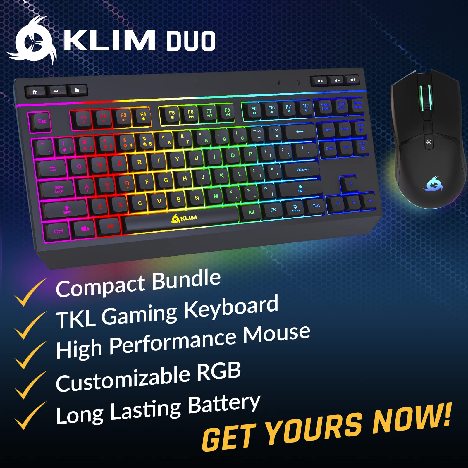 KLIM Duo - New 2023 Wireless Gaming Keyboard and Mouse Combo - Compact Durable Ergonomic - Silent Backlit TKL Keyboard - RGB Gaming Mouse Wireless - Long-Lasting Built-in Battery