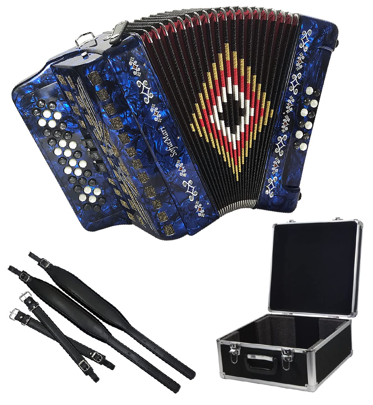 SofiaMari NSM3412 Accordion Package: 34 Button, 12 Bass, 3 Switch Accordion with Case and Straps (Sol/GCF Deep Blue Pearl) (NSM-3412-DBP-SOL)