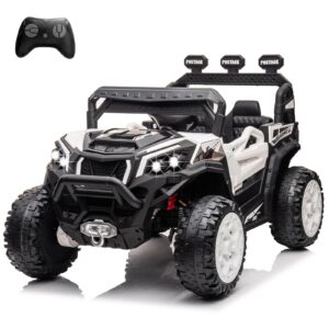 postack 24v kids ride on car with parent remote control, 2wd/4wd battery powered electric toy car with car key, 4x4 ride on utv with music, led lights, bluetooth, storage trunk, white