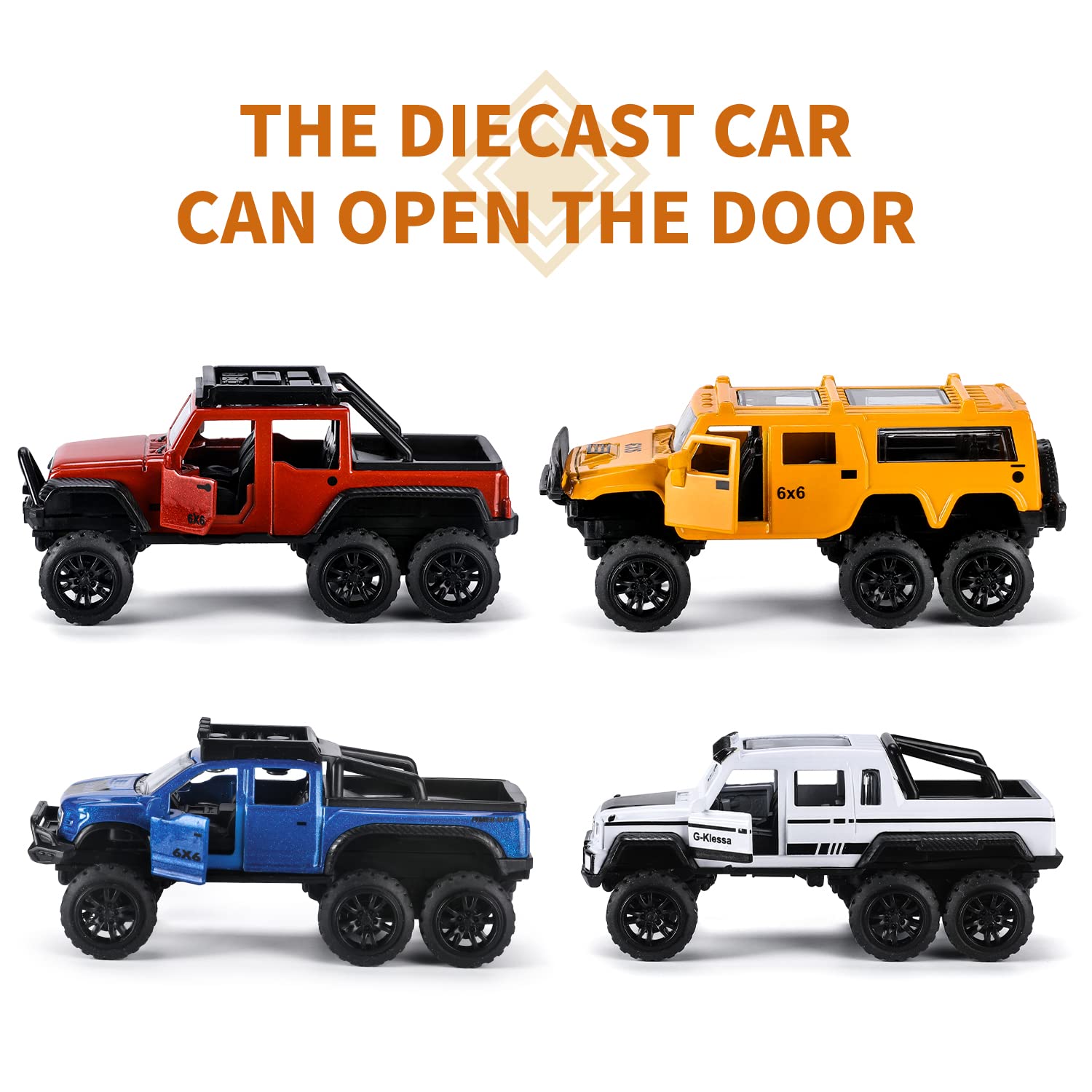 weilaga 4 PCS Pull Back Off-Road Cars,Die-cast Metal Toy Vehicles with Openable Doors for Kids Boys Girls