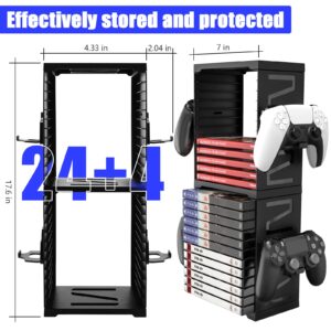 SIKEMAY Game Storage Tower for PS5/ PS4/ Xbox Series S & X/Xbox, Universal Video Games Discs Organizers 24 PCS with 4 Controllers Holder, Game Disk Box Stand Rack Accessories - Black