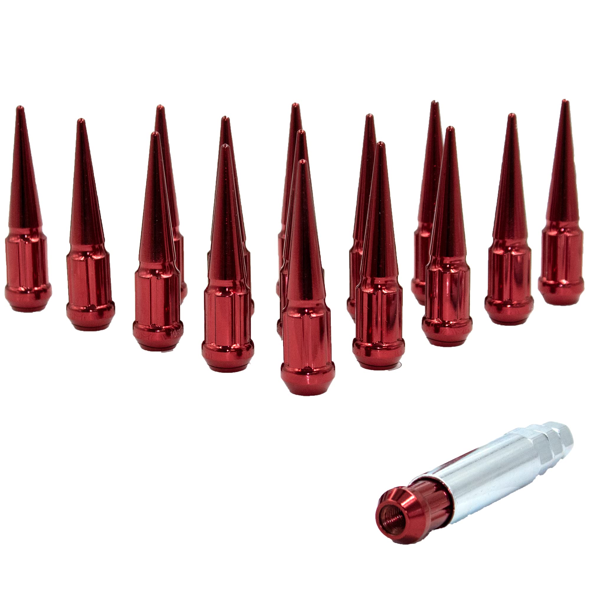 Wheel Accessories Parts Set of 16 ATV/UTV Red Spike Installation Lug Nut Kit | Solid Metal Lug Nuts 12 X 1.5 Thread 3.35" Tall Closed End Bulge Acorn Spiked Lug Nut 1 Long Socket Key (M12x1.50)