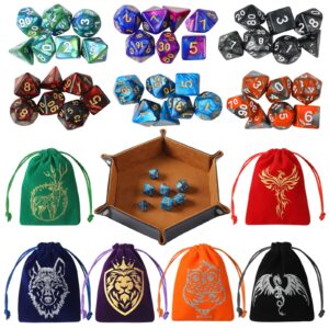 Grajar DND Dice Set, 42 Pcs polyhedral dice Set with 6 Colorful Animal Pattern Bag and PU Leather Velvet Tray for Dungeons Dragons D&D RPG MTG Table Games