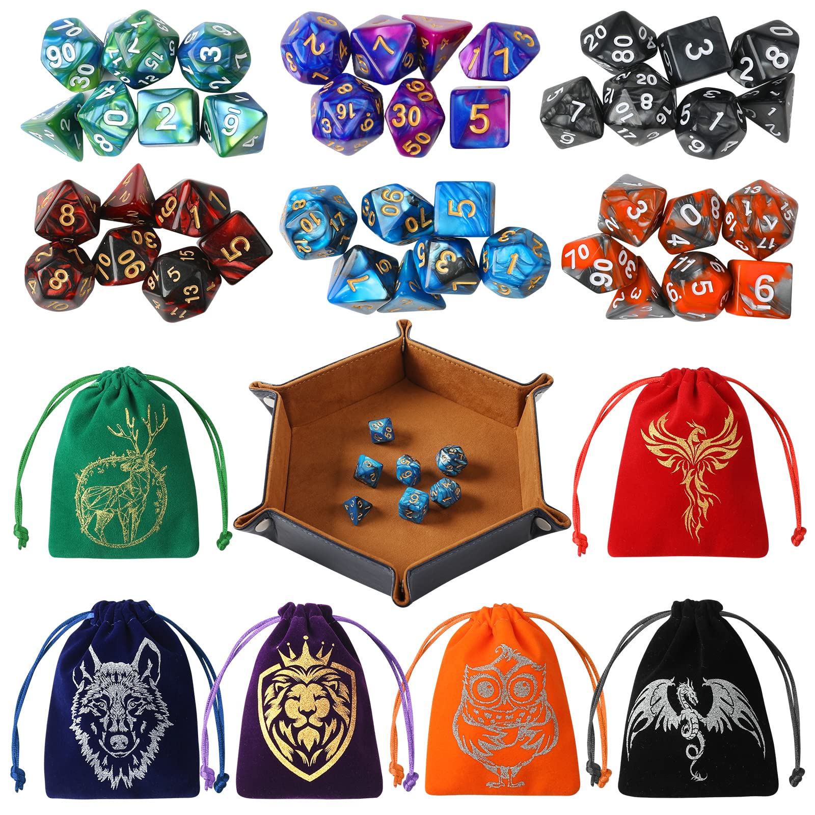 Grajar DND Dice Set, 42 Pcs polyhedral dice Set with 6 Colorful Animal Pattern Bag and PU Leather Velvet Tray for Dungeons Dragons D&D RPG MTG Table Games