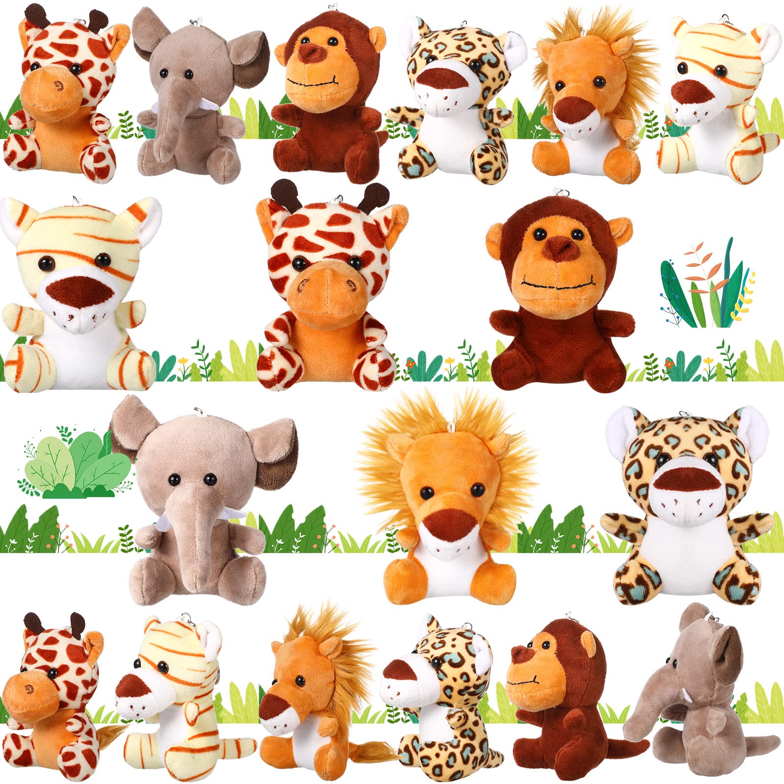 HyDren 18 Pcs Mini Stuffed Forest Animals Bulk Jungle Animal 4.8 Inch Cute Funny Toys Lion Tiger Elephant Giraffe Leopard Monkey Plush Set for Animal Themed Parties Achievement Award(Lovely Style)