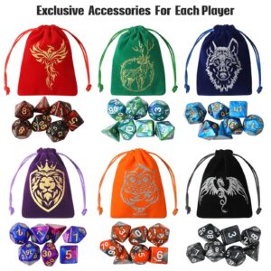 Grajar DND Dice Set, 42 Pcs polyhedral dice Set with 6 Colorful Animal Pattern Bag and PU Leather Velvet Tray for Dungeons Dragons D&D RPG MTG Table Games