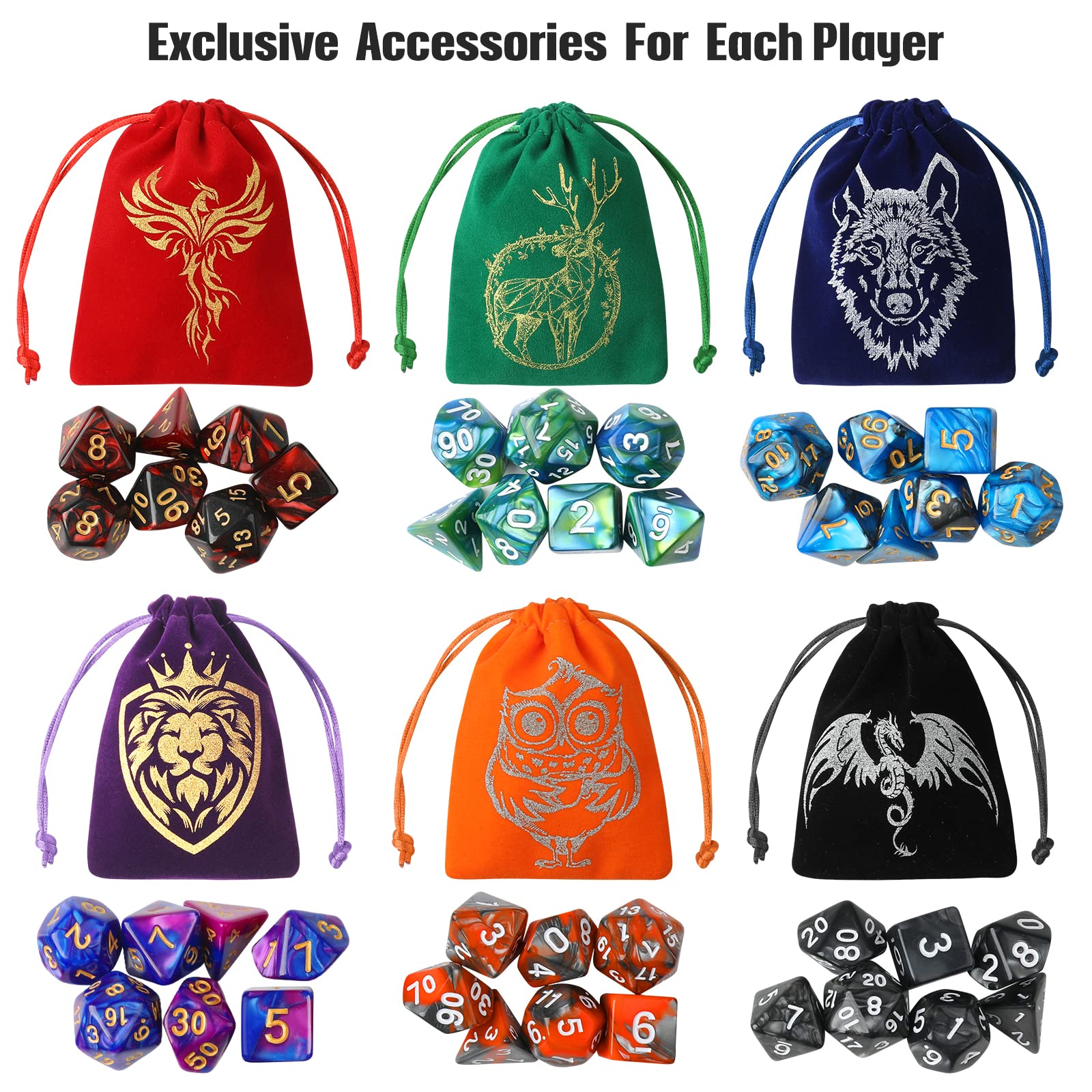 Grajar DND Dice Set, 42 Pcs polyhedral dice Set with 6 Colorful Animal Pattern Bag and PU Leather Velvet Tray for Dungeons Dragons D&D RPG MTG Table Games