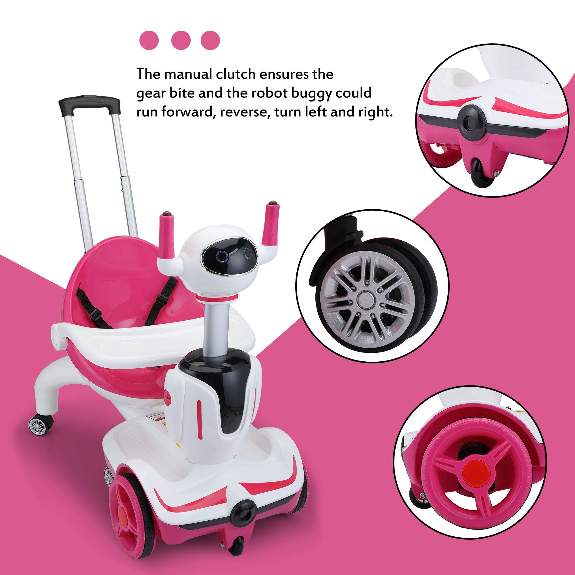 Kids 3-in-1 Electric Robot Buggy, Toddler Electric Ride On Car, Robot Scooter with Remote Control/Speed Adjustment/Emergency Stop, 3 Functions of Electric Car/Robot Scooter/Push Buggy-Pink White