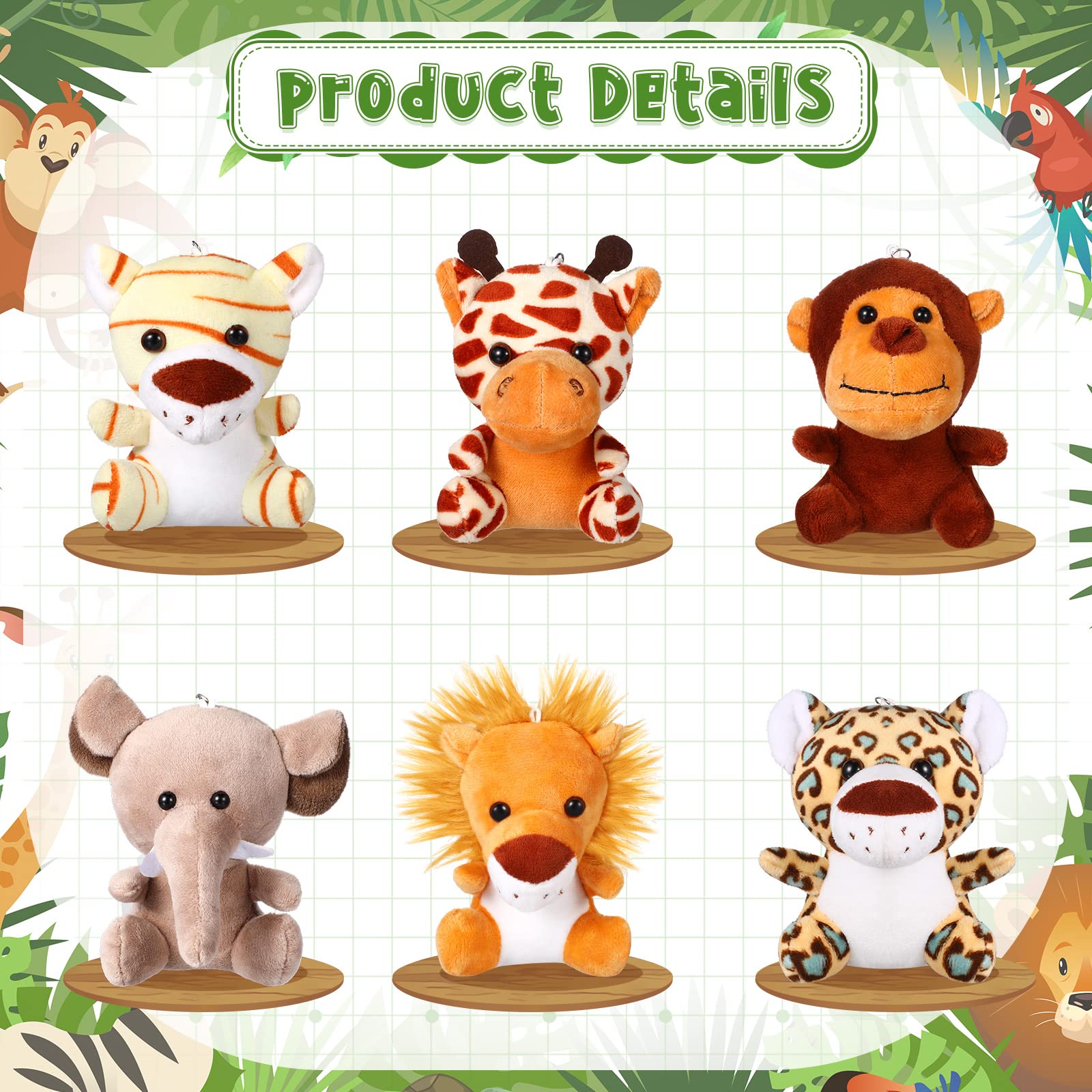 HyDren 18 Pcs Mini Stuffed Forest Animals Bulk Jungle Animal 4.8 Inch Cute Funny Toys Lion Tiger Elephant Giraffe Leopard Monkey Plush Set for Animal Themed Parties Achievement Award(Lovely Style)