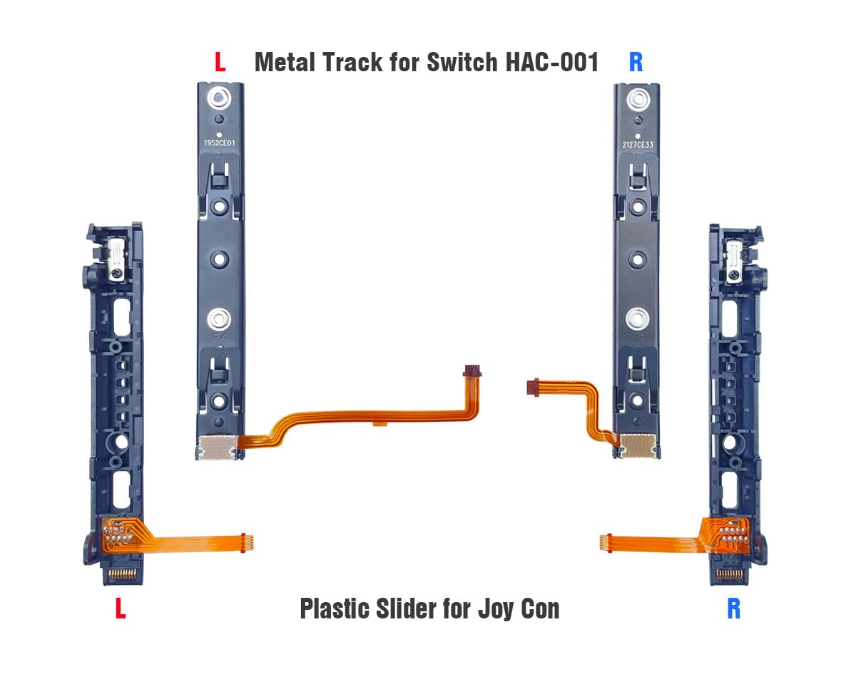 ElecGear Slide Rail Replacement for Nintendo Switch and Joy Con Controller, Left and Right Metal Track for Console and Plastic Slider Bar for Joy-con with Flex Cable Connector Repair Part Assembly