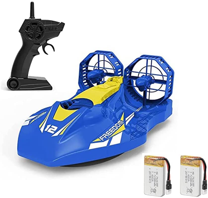 Remote Control Boats Hovercraft 2.4GHz Amphibious RC Boats Dual Motors for Pools Lakes and Smooth Land, with 2 Rechargeable Batteries Low Battery Reminder LED Light Watercraft Toy for Kids Boys Girls