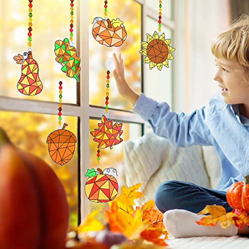 Winlyn 33 Sets Fall Leaf Pumpkin Acorn Sunflower Suncatchers Ornaments Decorations DIY Window Paint Art Suncatchers Craft Kits Autumn Sun Catchers for Kids Classroom Activity Thanksgiving Art Project