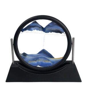 Oneshow Moving Sand Art Picture Flowing Sand Painting 3D Deep Sea Sandscape Liquid Motion Display 360° Rotation Round Glass Frame Relaxing Desktop Home Office Decor for Adult Desk Art (Blue)