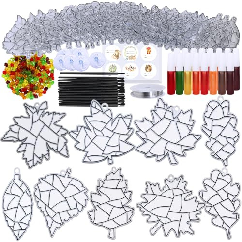 Winlyn 27 Sets Fall Leaf Suncatchers Ornaments Decorations DIY Window Paint Art Suncatchers Craft Kits Autumn Maple Leaf Sun Catchers for Kids Classroom Thanksgiving Harvest Party Activity Art Project