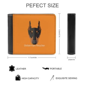 Doberman Pinscher Dog On Orange PU Leather Bifold Wallet Coin Purse Soft Stylish Credit Pass Case Card-Holder for Boy Girl Men Woman Money Storage