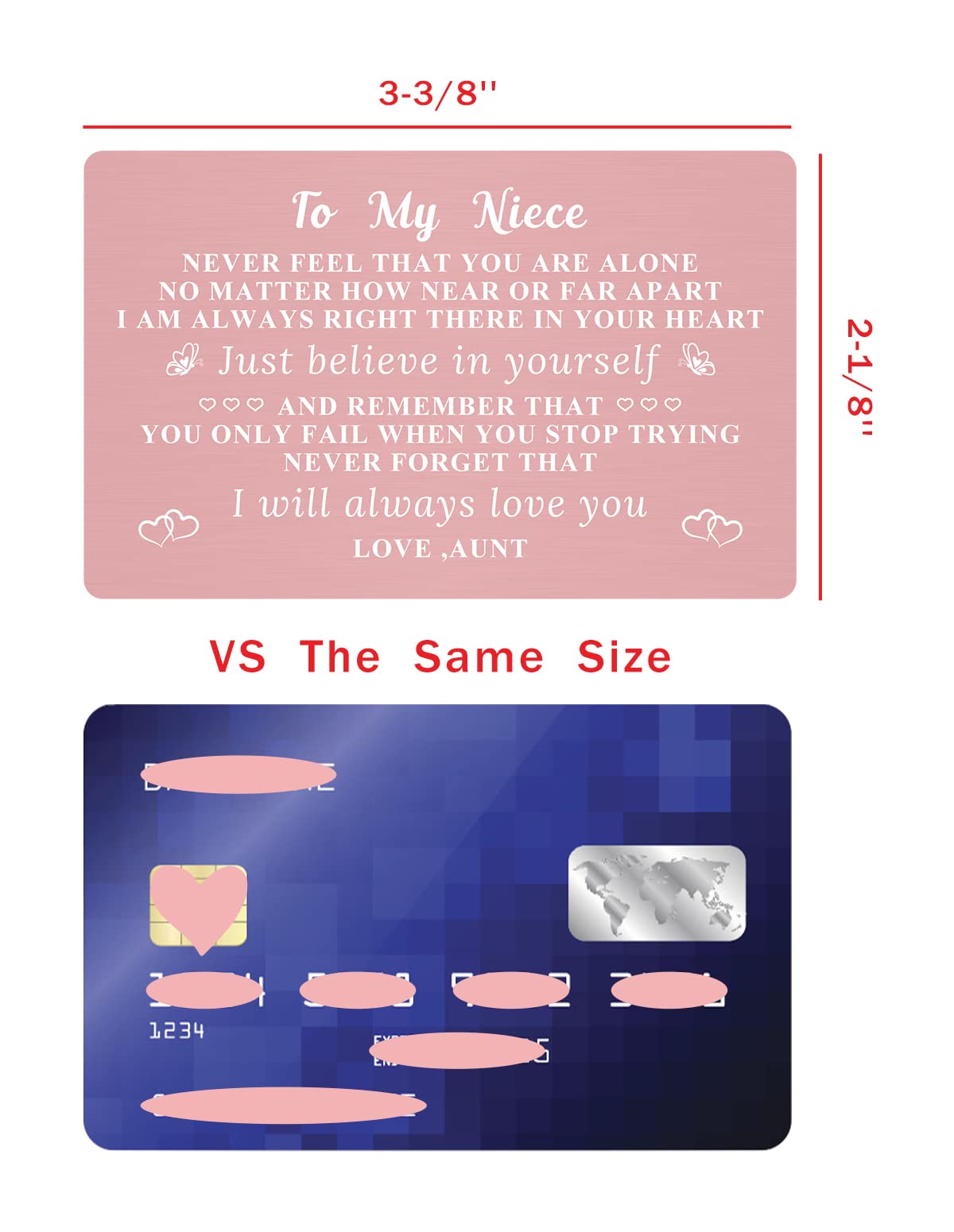 Ptzizi Niece Pink Metal Wallet Insert Card, Engraved Inspirational Wallet Card for Niece Birthday Adult Christmas Graduation Gifts from Aunt Uncle (A11)