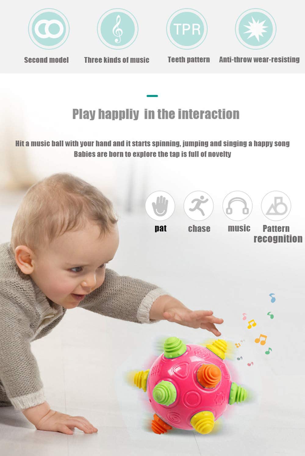 YMDLY Toys Toddler Baby Bouncing Sensory Ball - Sturdy Durable Crawling Ball Toy Fun Learning Ball Toy Two Modes Baby Music Ball Facilitates Movement of Children Suitable for Babies,Red,18+ Months