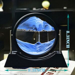 Oneshow Moving Sand Art Picture Flowing Sand Painting 3D Deep Sea Sandscape Liquid Motion Display 360° Rotation Round Glass Frame Relaxing Desktop Home Office Decor for Adult Desk Art (Blue)