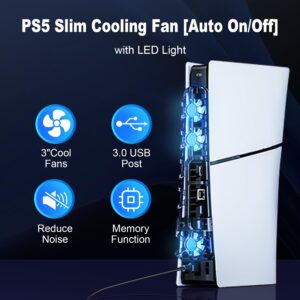 PS5 Cooling Fan with LED Light, Cooling Fan for Playstation 5 Digital/Disc Edition USB Port Quiet PS5 fan, PS5 Cooler PS5 Horizontal Stand with Cooling Fan Easy to Install PS5 Cooling Station