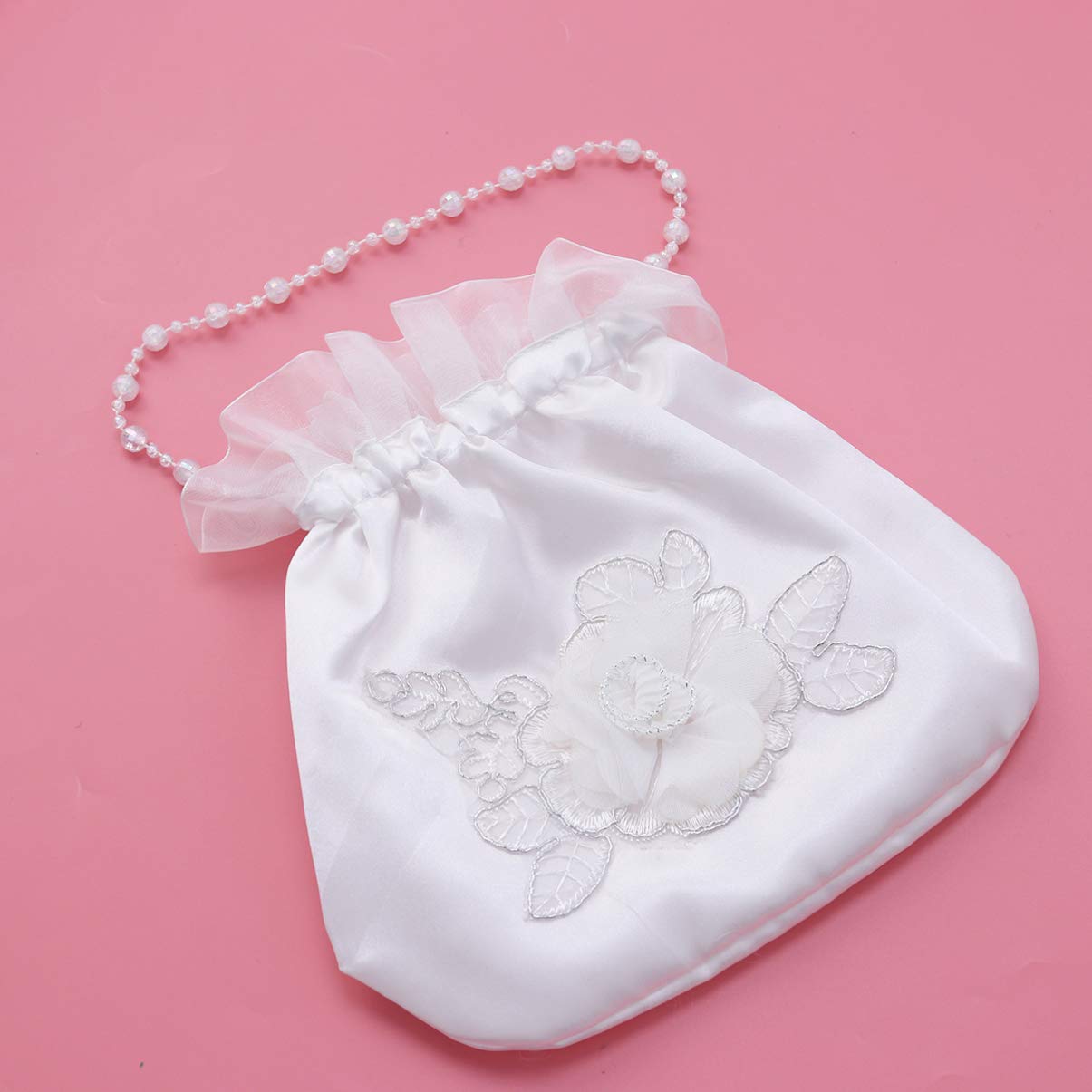 Veemoon Satin Bridal Wedding Money Bag Handbag Hand Embroidery White Bridal Bridesmaid Satin Flower Decorated Bag for Dance Bridal Purse Wedding Favor