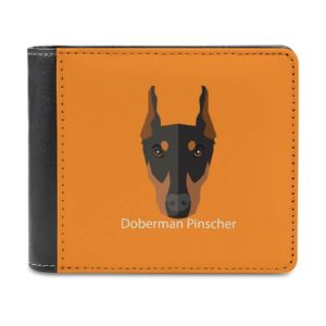 doberman pinscher dog on orange pu leather bifold wallet coin purse soft stylish credit pass case card-holder for boy girl men woman money storage