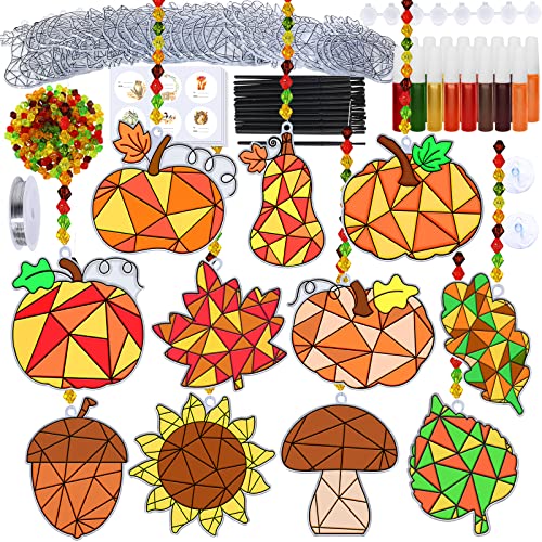 Winlyn 33 Sets Fall Leaf Pumpkin Acorn Sunflower Suncatchers Ornaments Decorations DIY Window Paint Art Suncatchers Craft Kits Autumn Sun Catchers for Kids Classroom Activity Thanksgiving Art Project