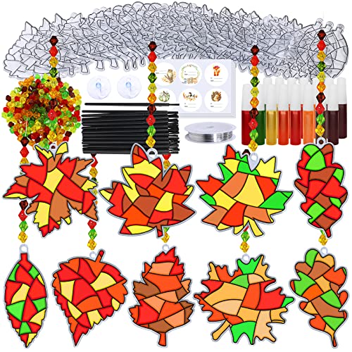 Winlyn 27 Sets Fall Leaf Suncatchers Ornaments Decorations DIY Window Paint Art Suncatchers Craft Kits Autumn Maple Leaf Sun Catchers for Kids Classroom Thanksgiving Harvest Party Activity Art Project