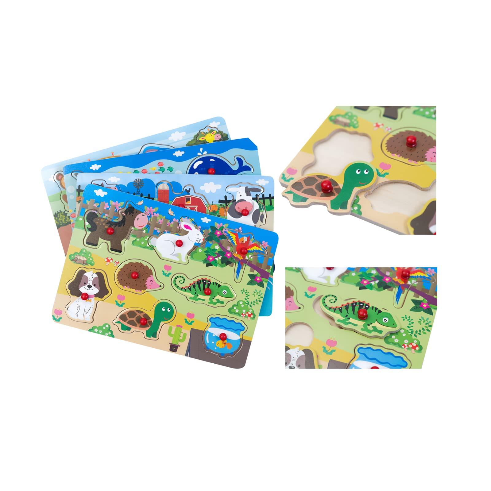 Peg Puzzle Set of 4 (32 pcs), Wooden Knob Puzzles for Toddlers Ages 1-3, Farm Zoo，Forest Animals, Pets, Sea Ocean Animals, Preschool Educational Cognitive Gifts