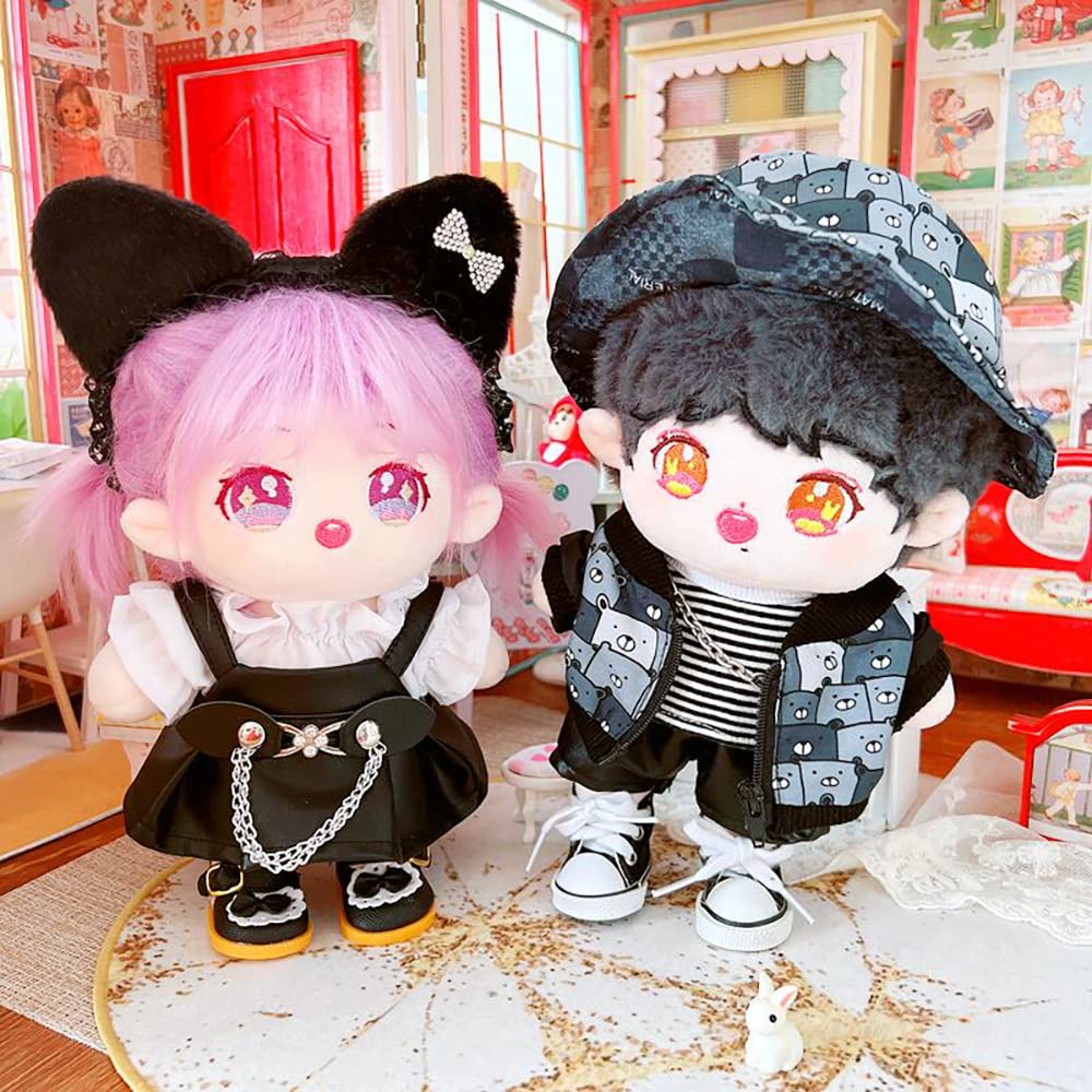 niannyyhouse Bear Pattern Hat Jacket Striped T-Shirt Leather Pants Kpop Doll 20cm Plush Doll Stuffed Animal Clothes (B)