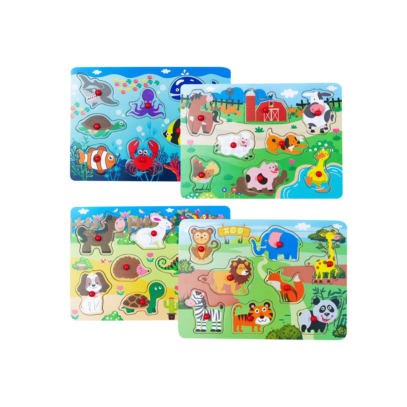 Peg Puzzle Set of 4 (32 pcs), Wooden Knob Puzzles for Toddlers Ages 1-3, Farm Zoo，Forest Animals, Pets, Sea Ocean Animals, Preschool Educational Cognitive Gifts