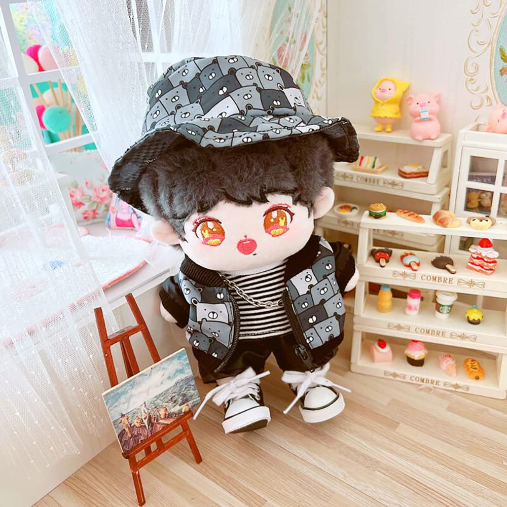 niannyyhouse Bear Pattern Hat Jacket Striped T-Shirt Leather Pants Kpop Doll 20cm Plush Doll Stuffed Animal Clothes (B)