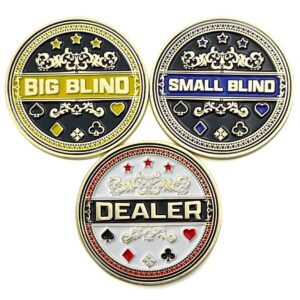 luck lab set of 3 metal poker buttons - dealer button, big blind and small blind metal weights (position markers) for texas hold em - 1.75 inch