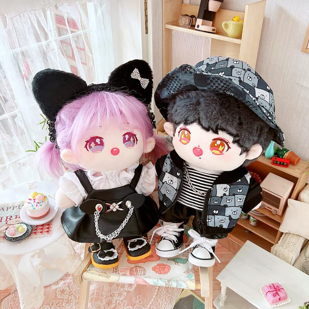 niannyyhouse Bear Pattern Hat Jacket Striped T-Shirt Leather Pants Kpop Doll 20cm Plush Doll Stuffed Animal Clothes (B)