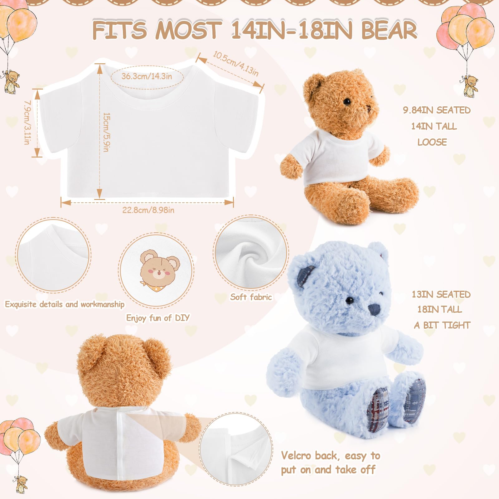 10 Pcs Stuffed Bear Tee Shirt Stuffed Animal Clothes Bear Basic Sublimation Blank T Shirt Classic Plush Bear T Shirt Easy to Wear Fit 14-18 Inches Stuffed Dolls (White)