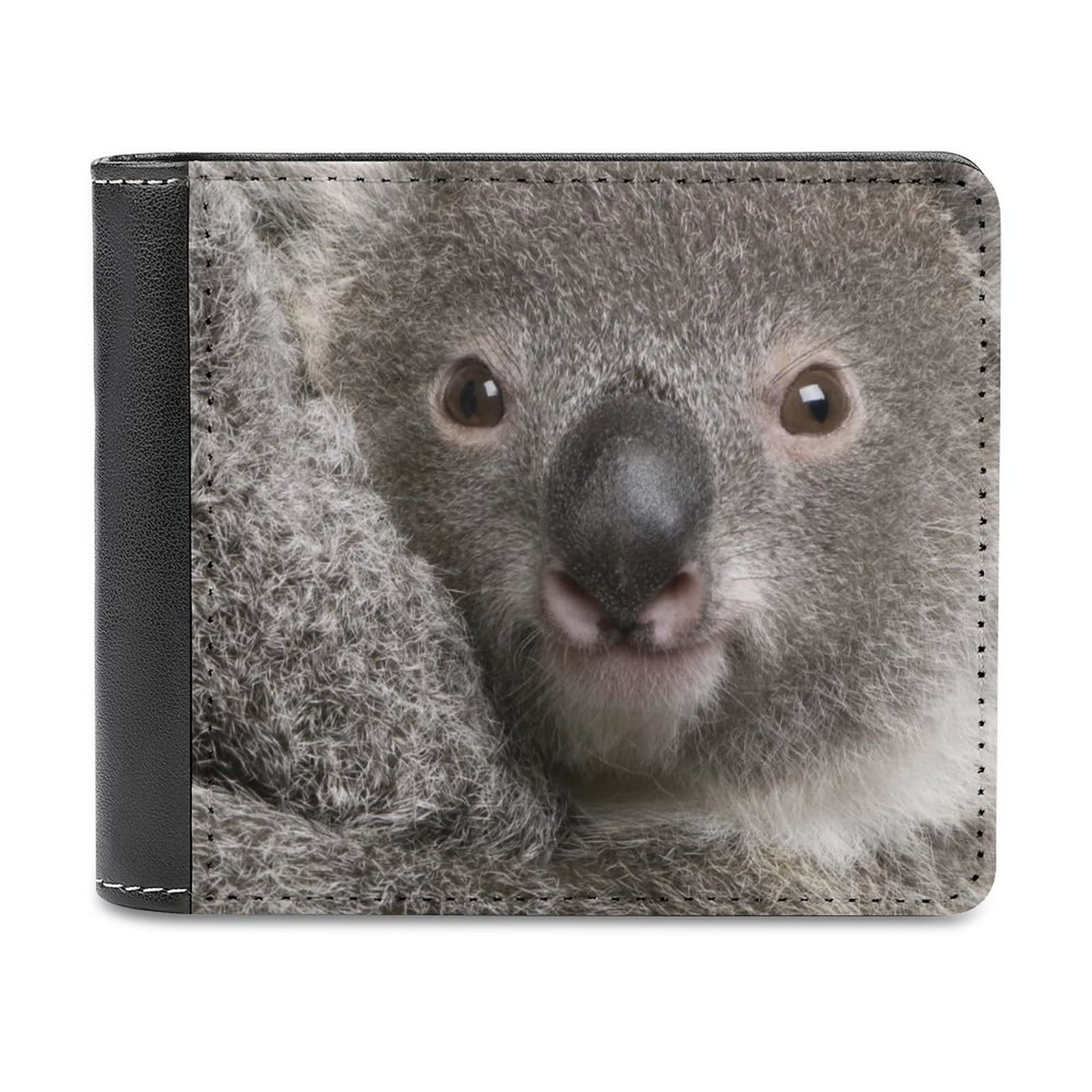 Grey Real Koala Bear Head PU Leather Bifold Wallet Coin Purse Soft Stylish Credit Pass Case Card-Holder for Boy Girl Men Woman Money Storage